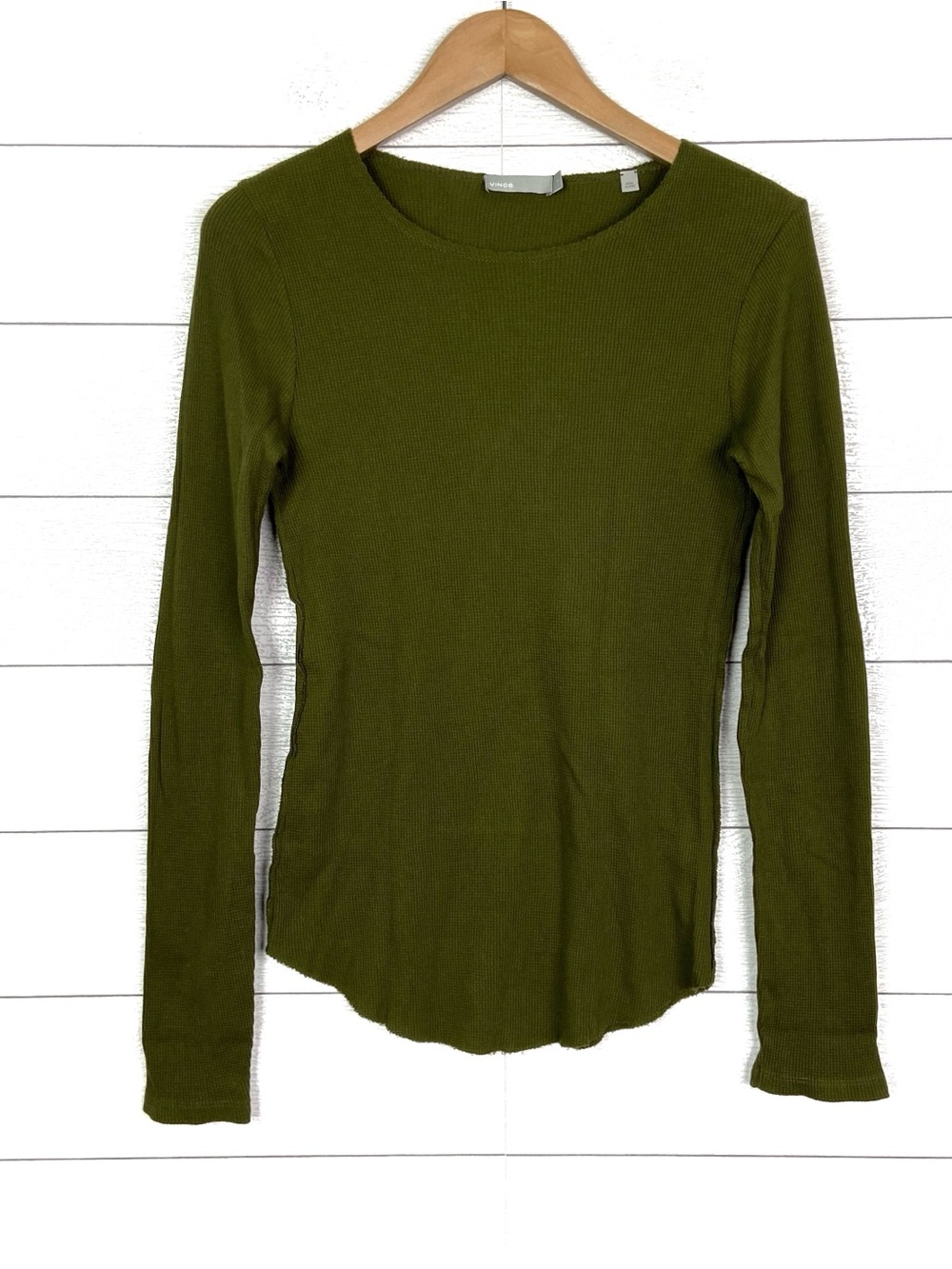 VINCE Olive Green Raw Edge Thermal Long Sleeve Layering Tee Large Casual